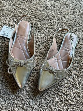 BCBGeneration Silver Pointed Toe Slingback Flats with Embellished Bow